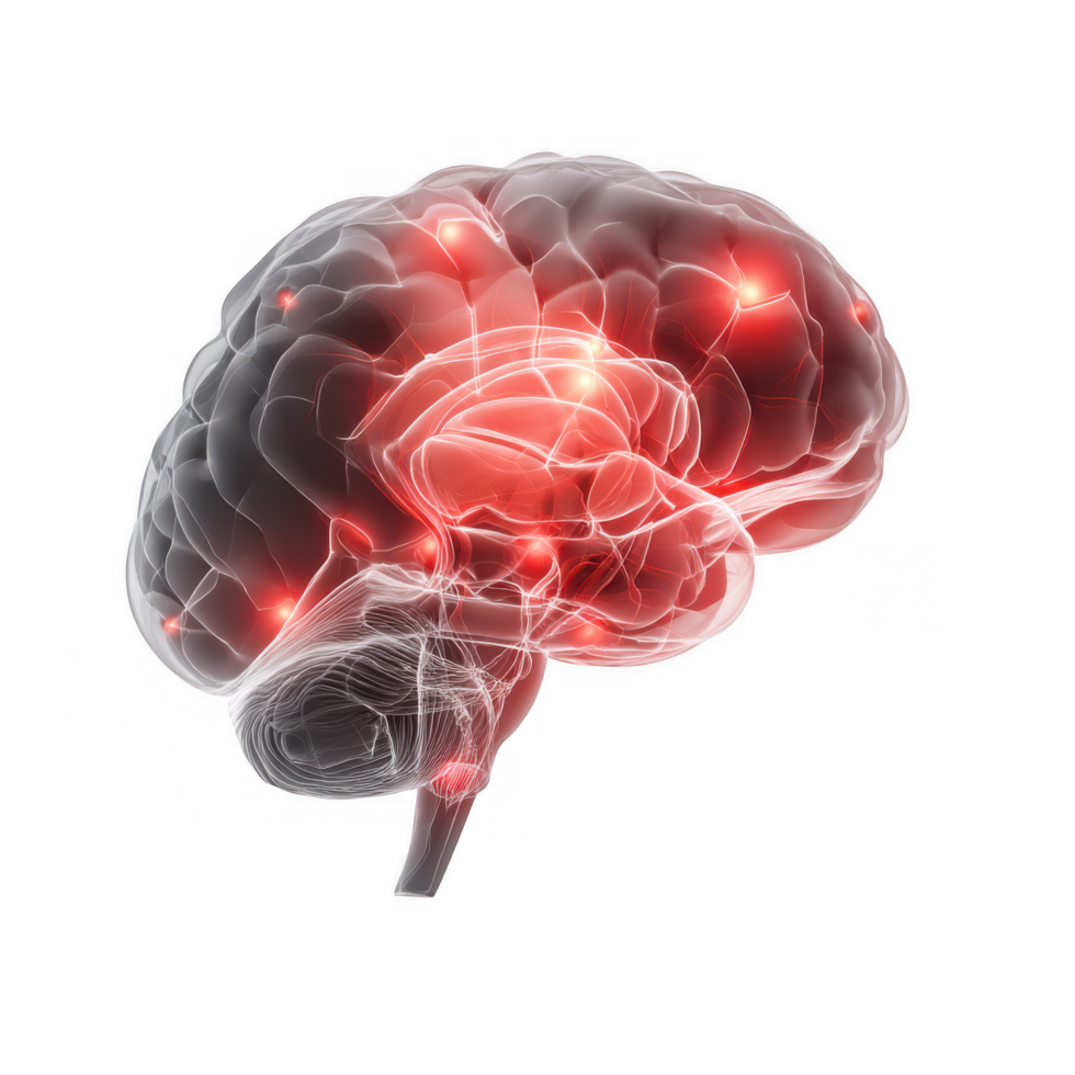 detailed illustration of human brain showcasing neural connections and pain points, emphasizing complexity of brain functions and health. This evokes curiosity and sense of wonder about png