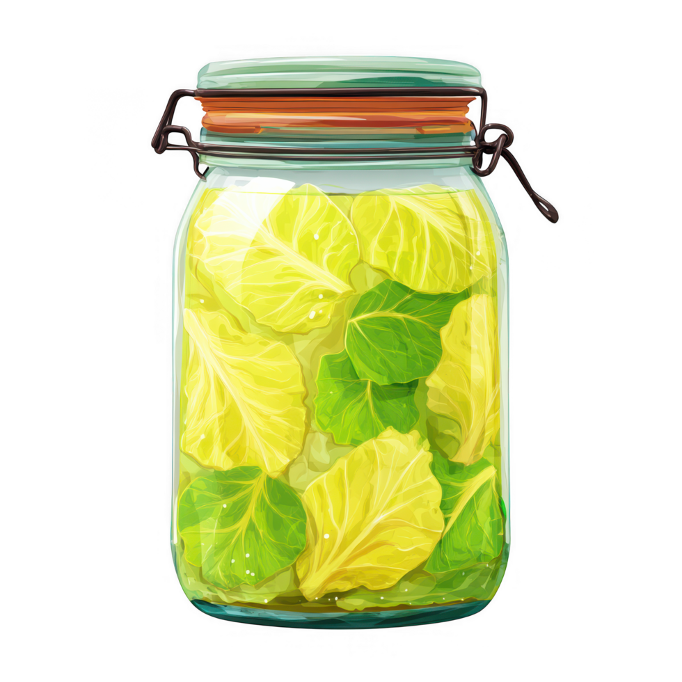Fermented food jar filled with vibrant green cabbage leaves, showcasing healthy and colorful ingredient. This captures essence of traditional fermentation methods png
