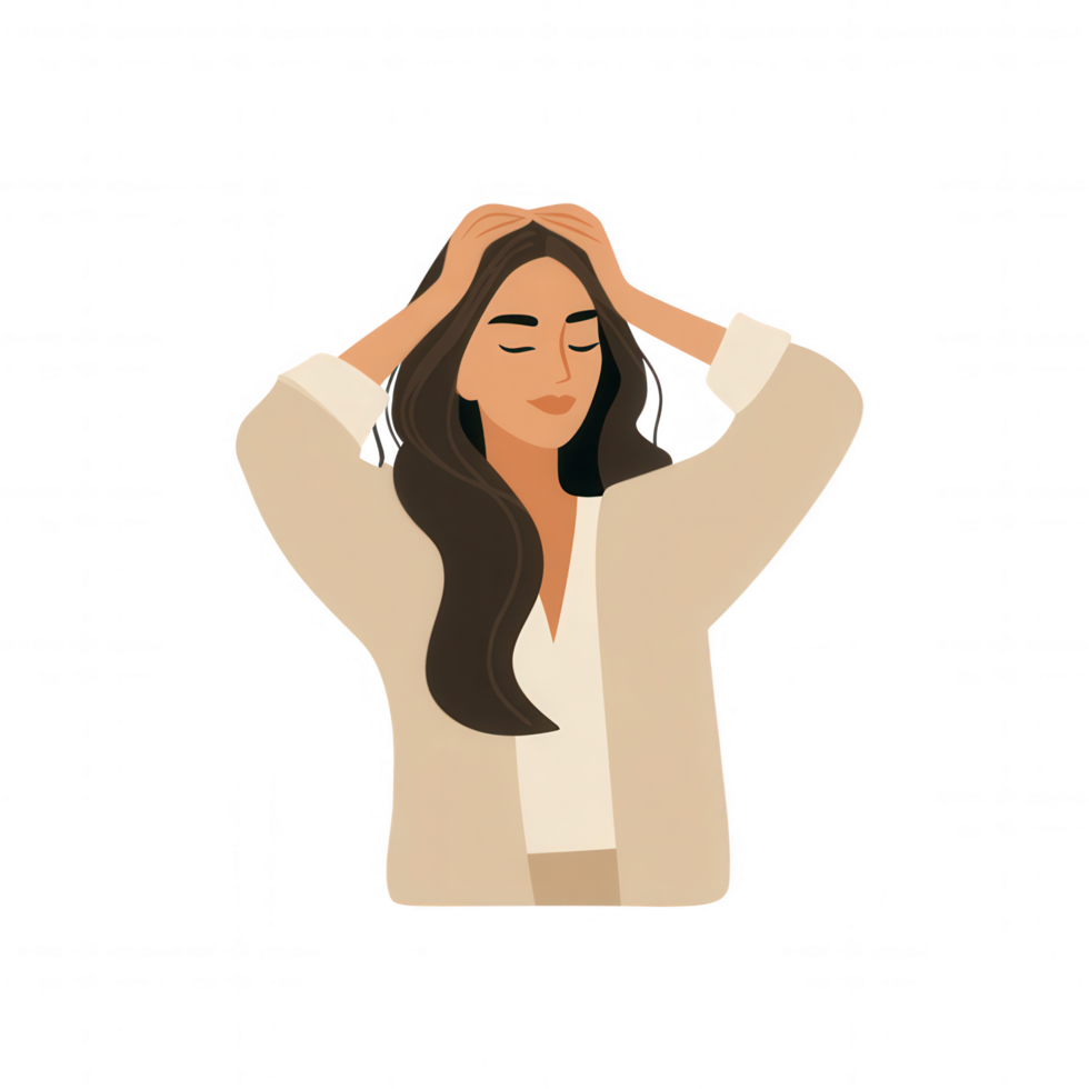 woman with long hair is depicted holding her head, expressing sense of discomfort or stress. illustration features minimalistic style with soft colors, conveying wellness theme png