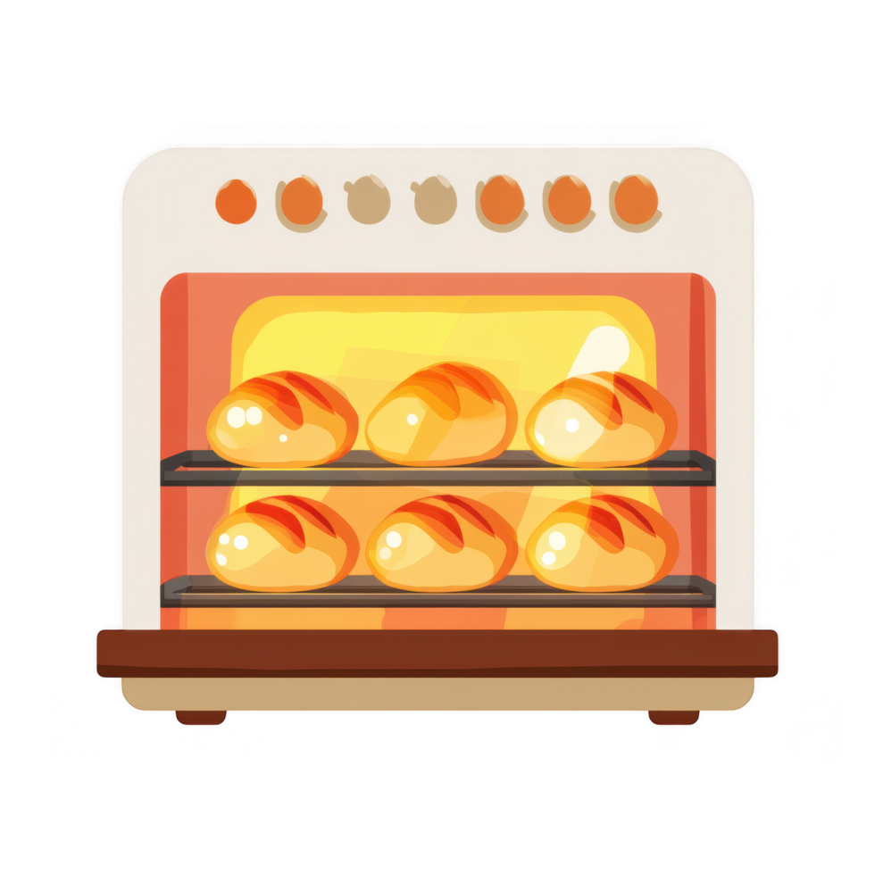 Freshly baked bread in warm oven creates delightful atmosphere, showcasing golden loaves rising perfectly on racks. inviting glow of oven enhances baking process png
