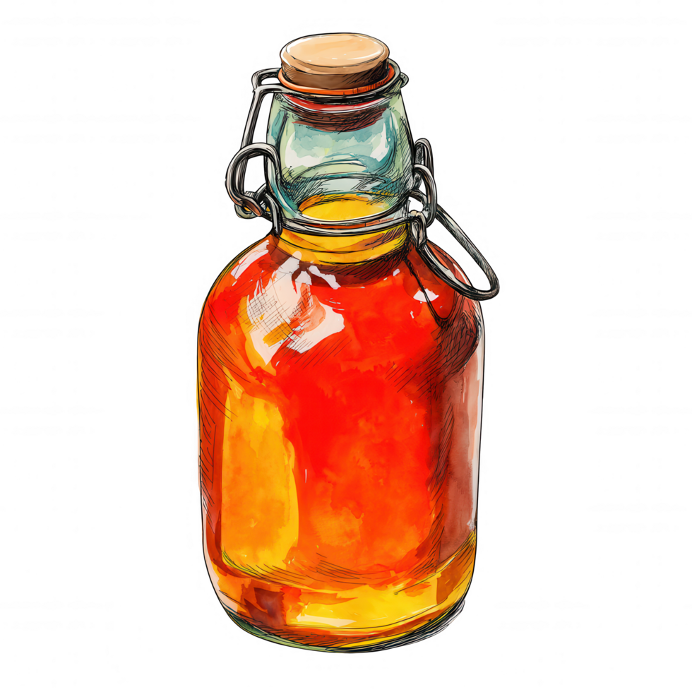 hand drawn illustration of glass bottle filled with vibrant orange beverage, showcasing its unique shape and cork stopper. This artistic representation captures essence of refreshing drinks png