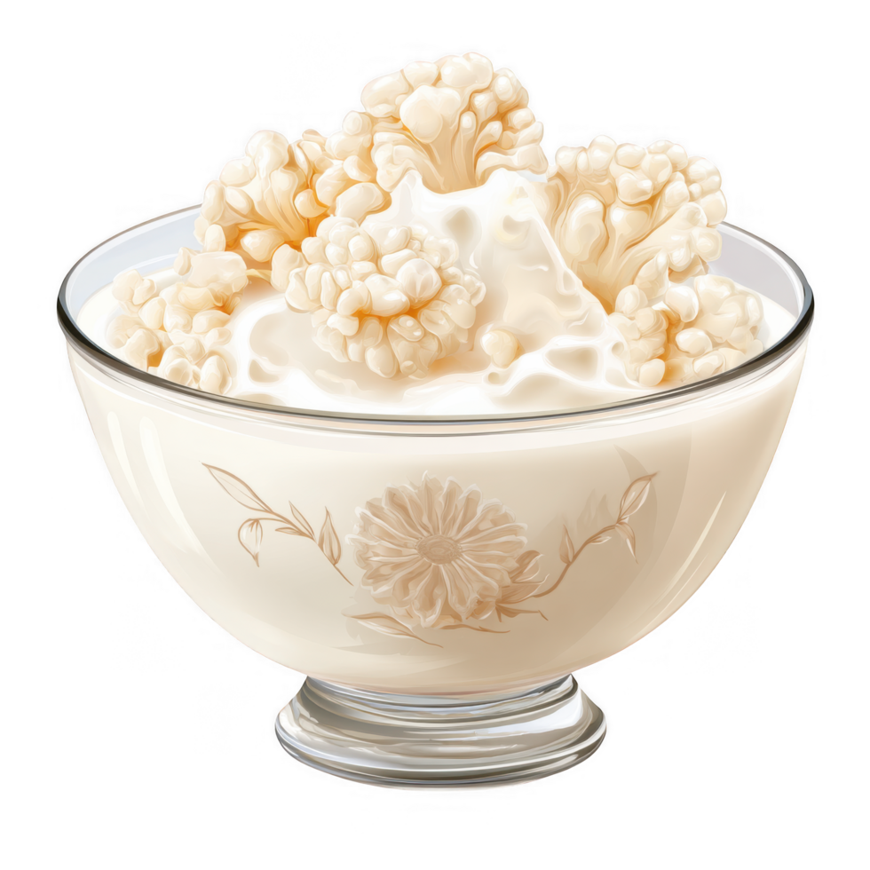 Creamy kefir grains in decorative bowl create delightful visual of fermentation. soft texture and pale color evoke sense of freshness and health png