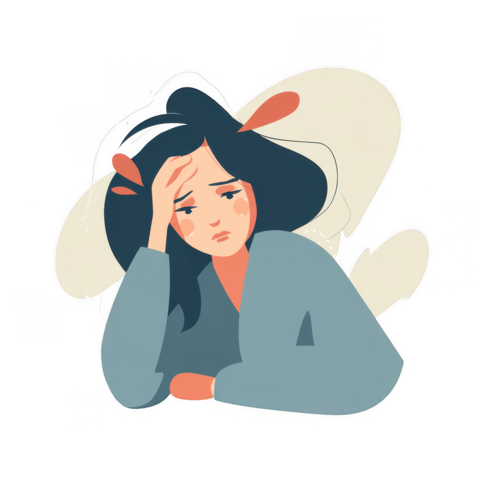 woman with pained expression is resting her head on her hand, conveying sense of distress or headache. illustration features soft colors and minimalistic design, emphasizing her emotional state png