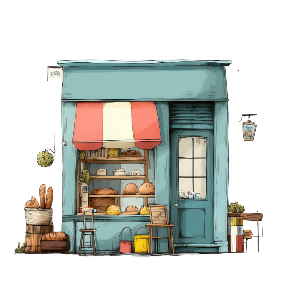 charming bakery storefront featuring variety of freshly baked bread displayed in welcoming manner. colorful awning and rustic decor create warm, inviting atmosphere for customers png