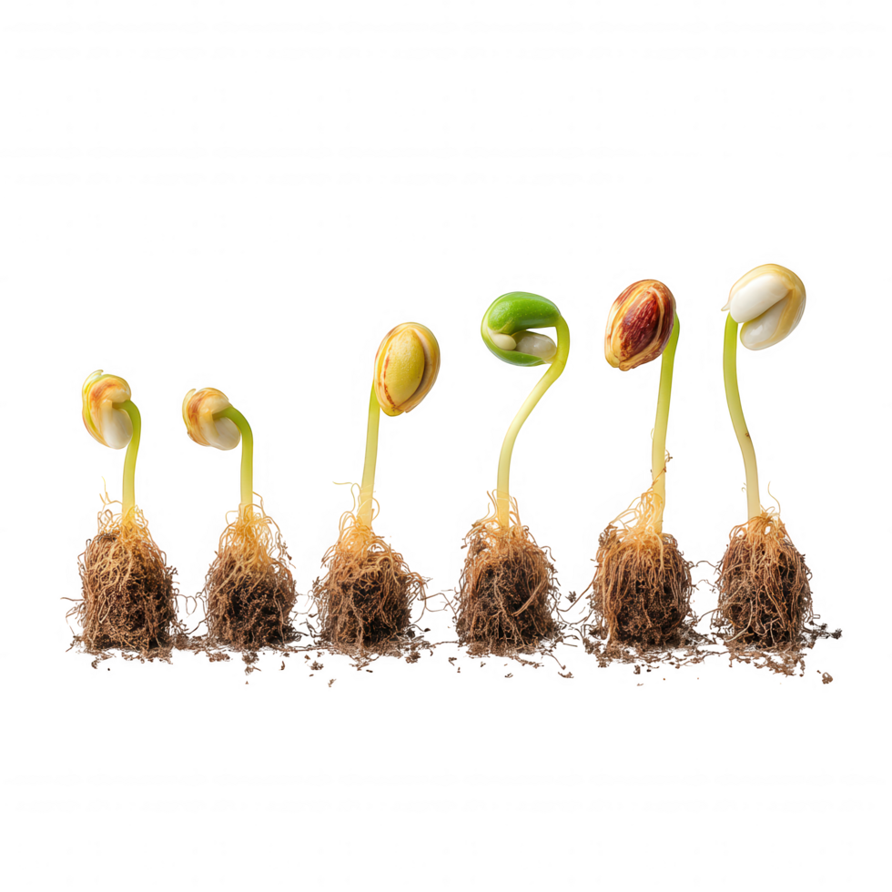 Sprouting vegetable seeds in row showcase germination process, highlighting growth and development. Each seedling displays unique characteristics, symbolizing new beginnings and vitality png