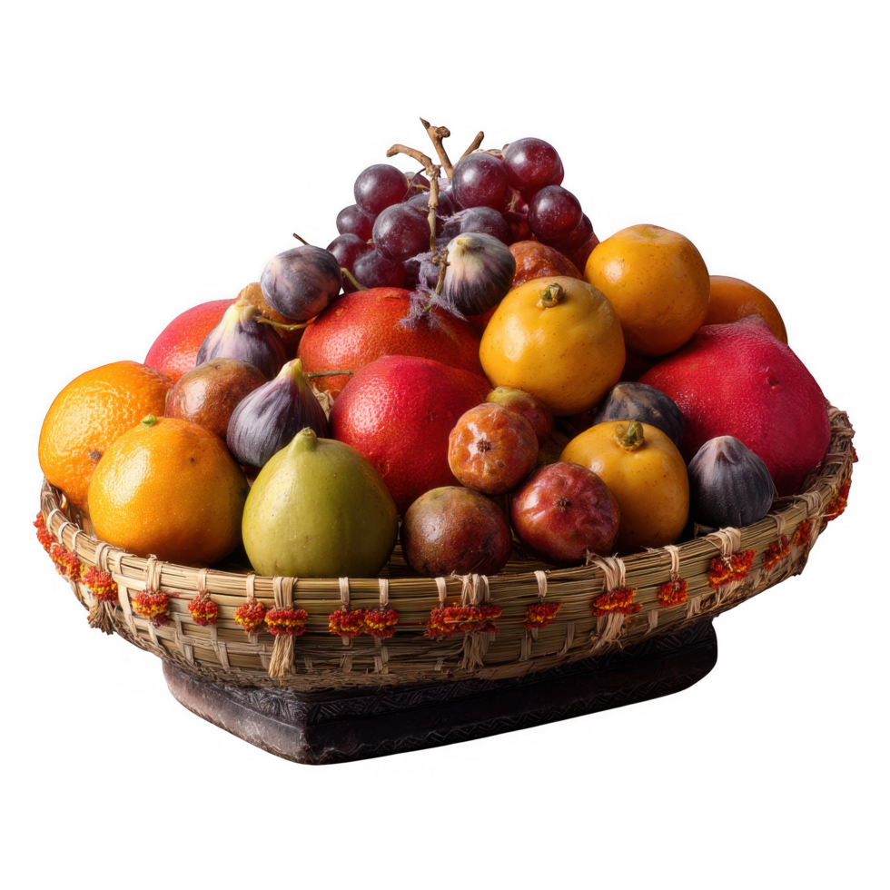 beautifully arranged basket of seasonal fruits, including oranges, grapes, figs, and apples, showcasing vibrant colors and textures that evoke sense of freshness and abundance png