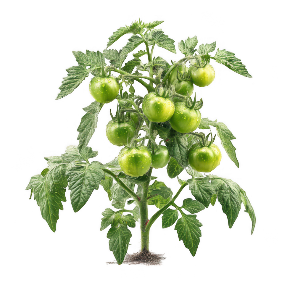 Organic tomato plant with small green tomatoes, showcasing vibrant green leaves and healthy growth. This home garden plant symbolizes freshness and sustainability png