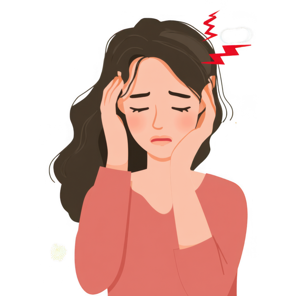 Feeling overwhelmed and distressed, woman holds her head in pain, expressing symptoms of headache. This illustration captures emotional struggle associated with discomfort and health issues png