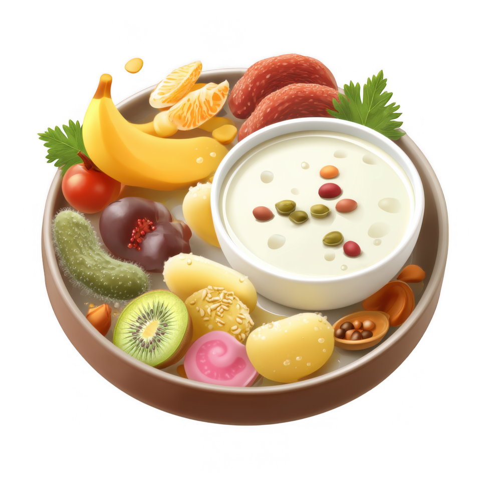 colorful assortment of fruits, vegetables, and snacks arranged round plate, featuring yogurt with seeds, bananas, kiwis, and various sweets. This vibrant display emphasizes healthy eating png