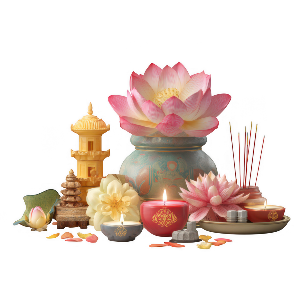 serene offering set featuring lotus flowers, candles, and decorative elements, creating peaceful atmosphere for spiritual practices and meditation. vibrant colors and intricate designs evoke png