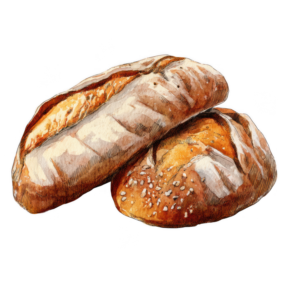 Freshly baked rustic bread loaves, showcasing golden crust and soft interior, perfect for any bakery or culinary setting. Their artisanal quality evokes warmth and comfort png