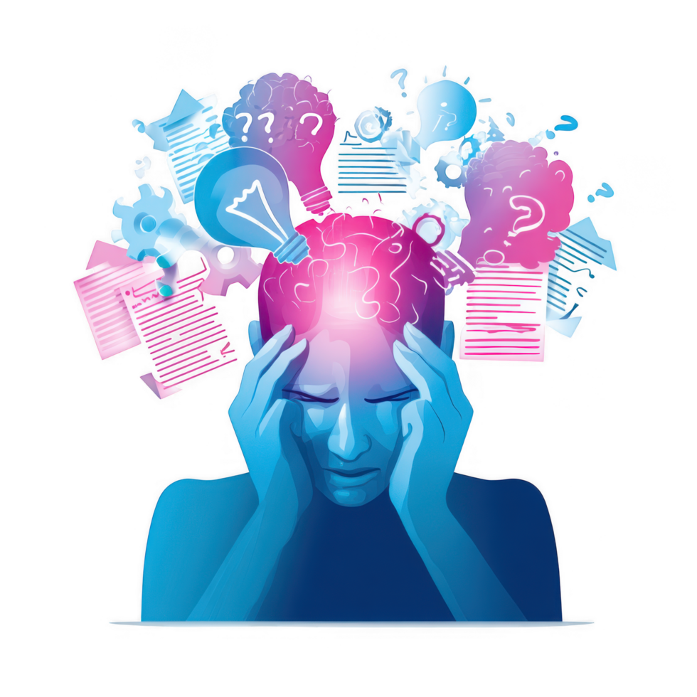 person experiencing headache is depicted with colorful thought bubbles and symbols representing confusion and stress. illustration conveys sense of overwhelm and mental strain png