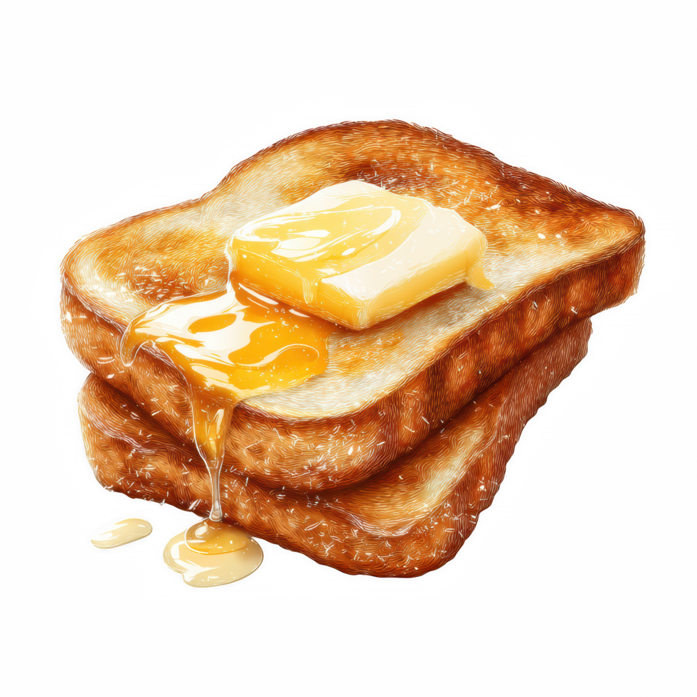 Delicious toast with melting butter and syrup, creating warm and inviting breakfast scene that evokes comfort and satisfaction. Perfect for morning meals or brunch png