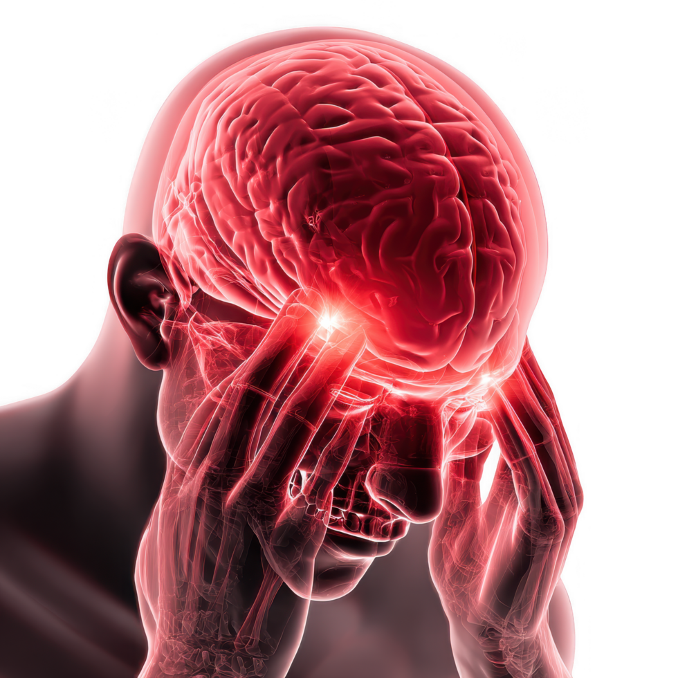 3D illustration of human head experiencing pulsating headache, showcasing brain with glowing red effect. image conveys sense of discomfort and pain, emphasizing health concept of headaches png