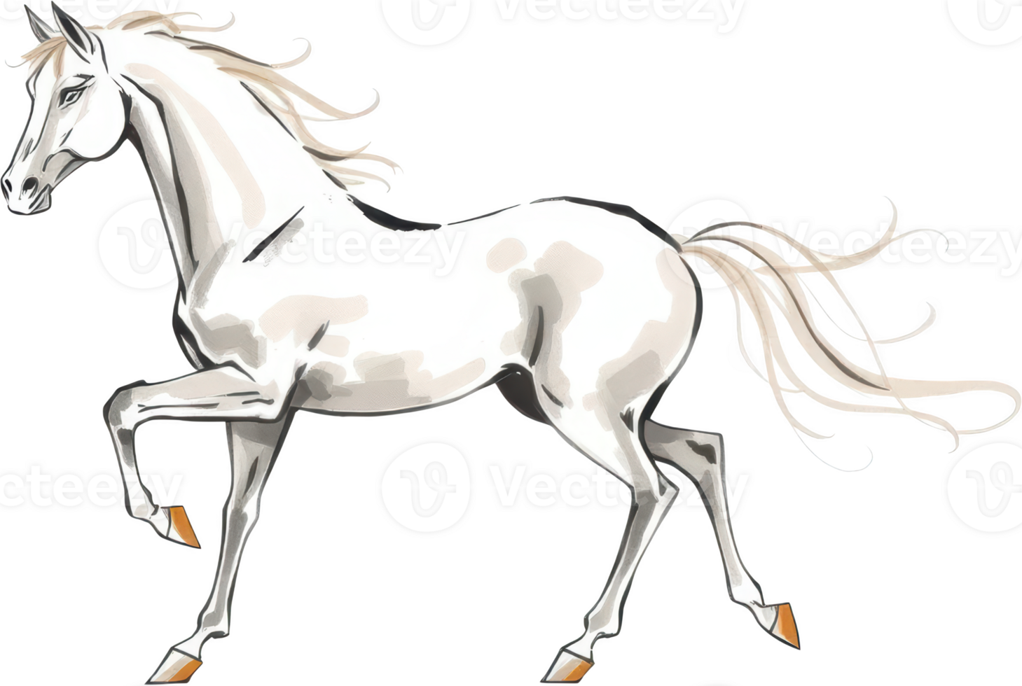 Elegant white horse illustration with flowing mane and tail, showcasing graceful pose. png
