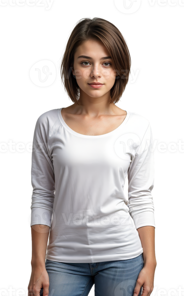 Teenage girl in deep round neck full sleeves tee mockup png