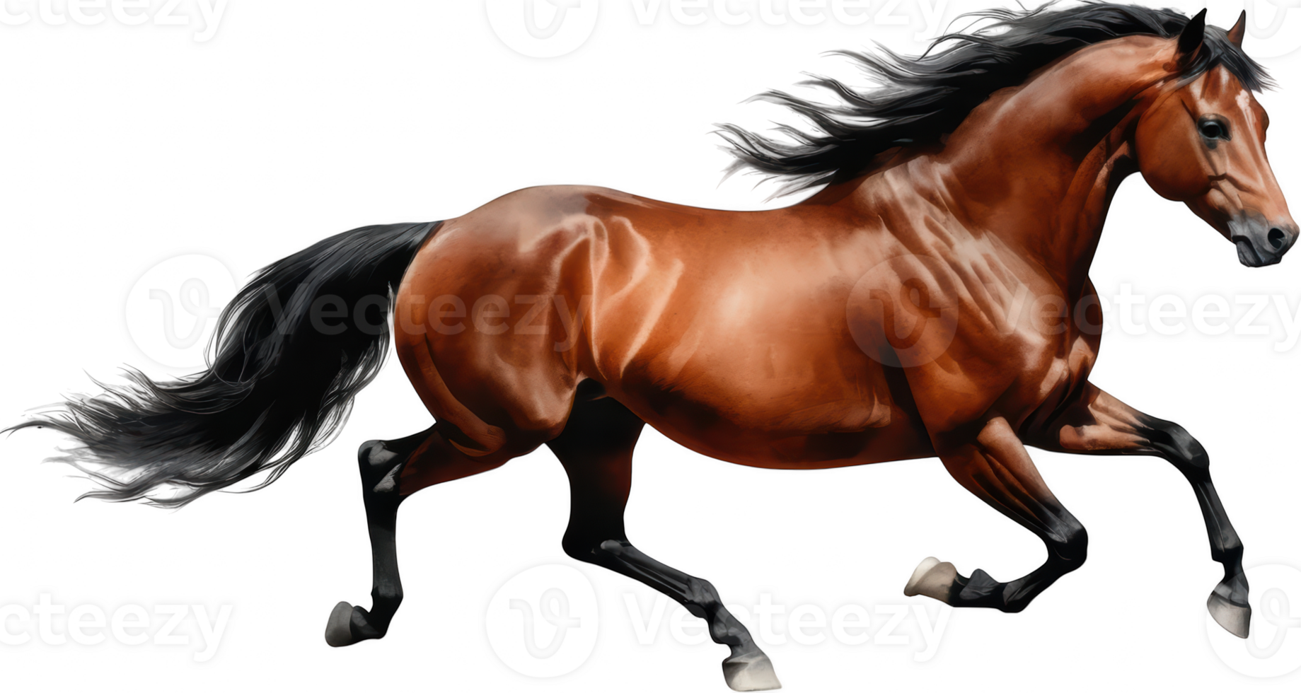 majestic brown horse galloping with flowing mane on transparent background, showcasing its strength and grace. png