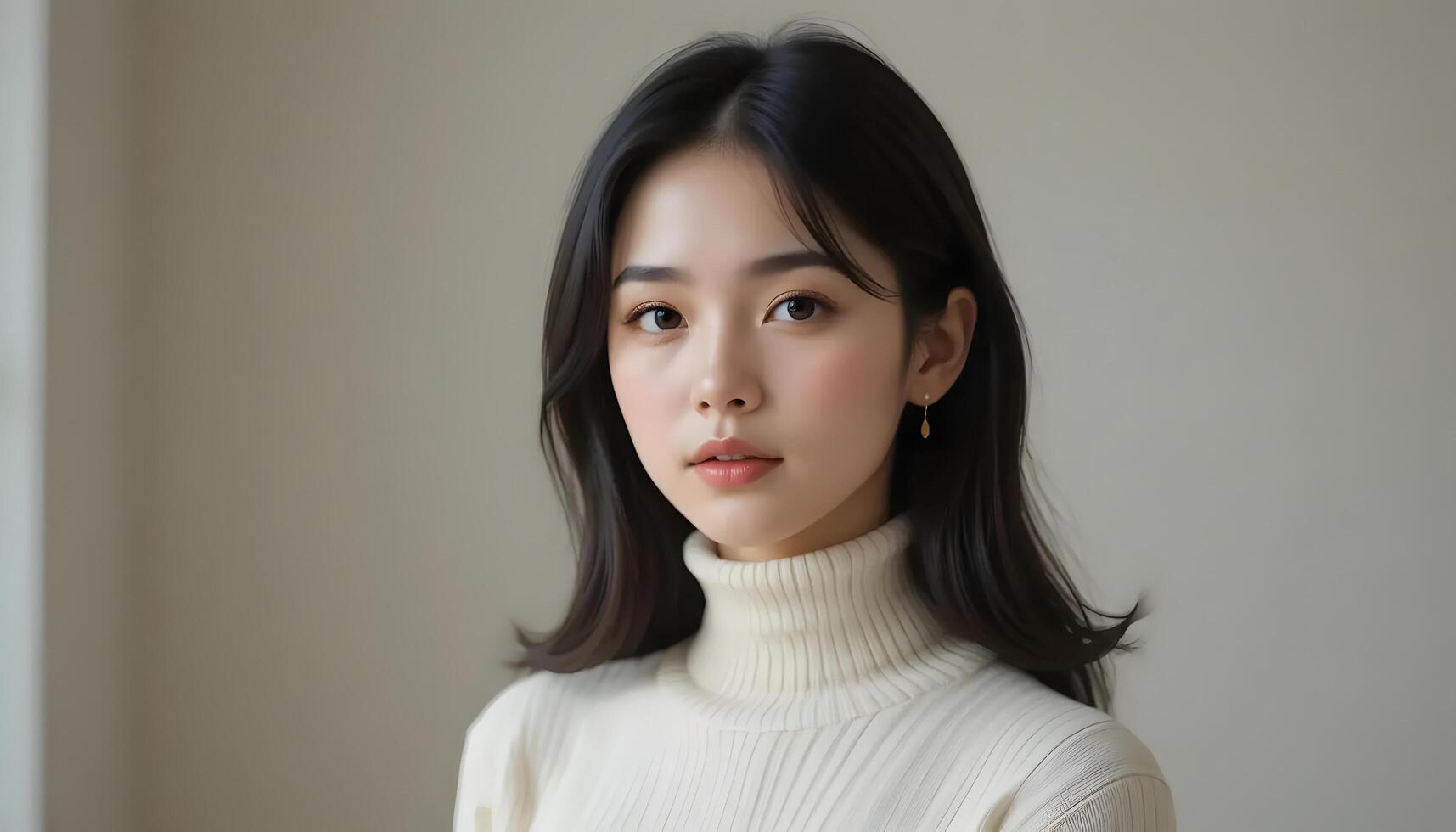 Young Woman Looking at Camera with Turtleneck in Soft Lighting photo