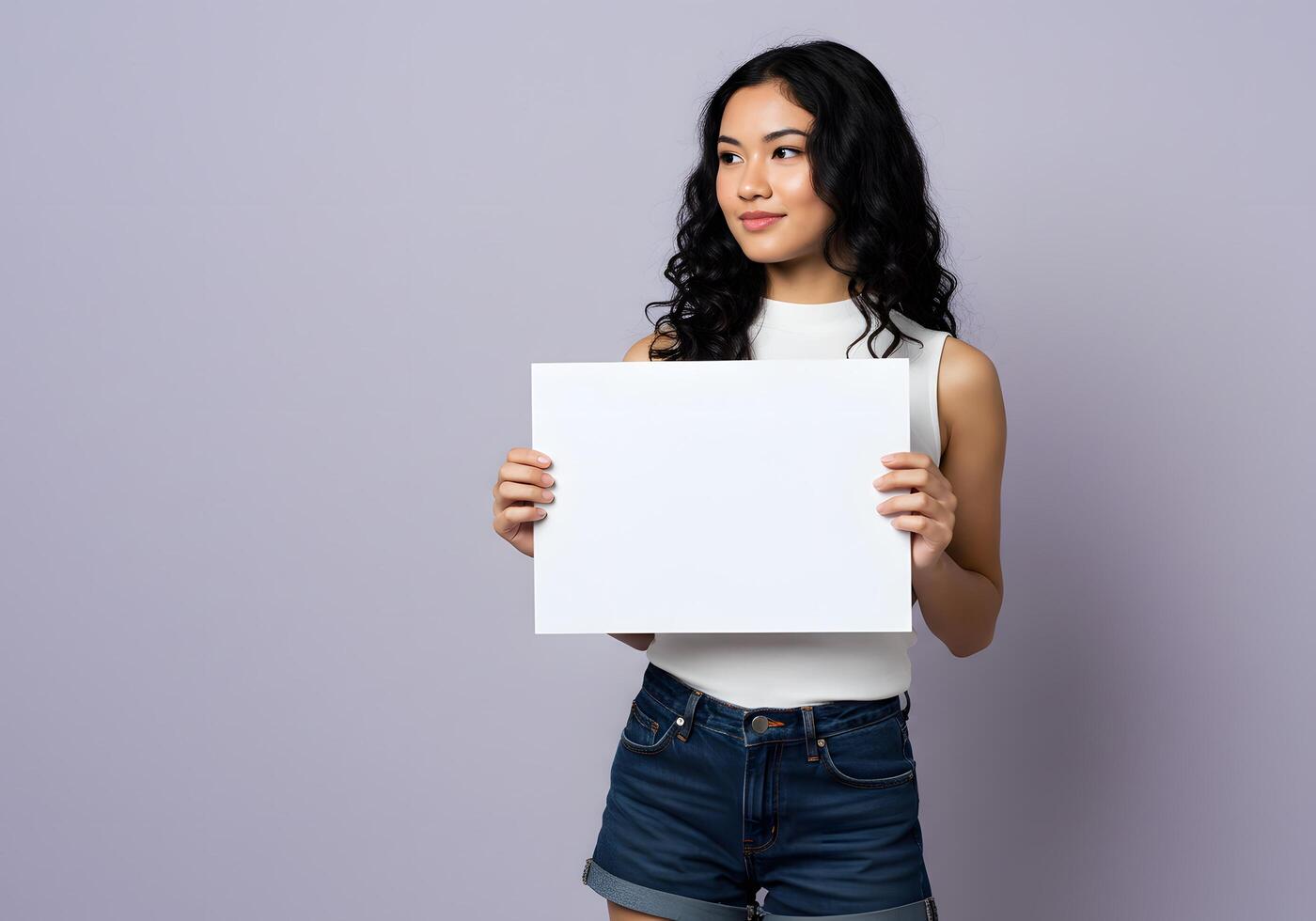 Woman Holding Blank Sign A Serene Minimalist Portrait photo