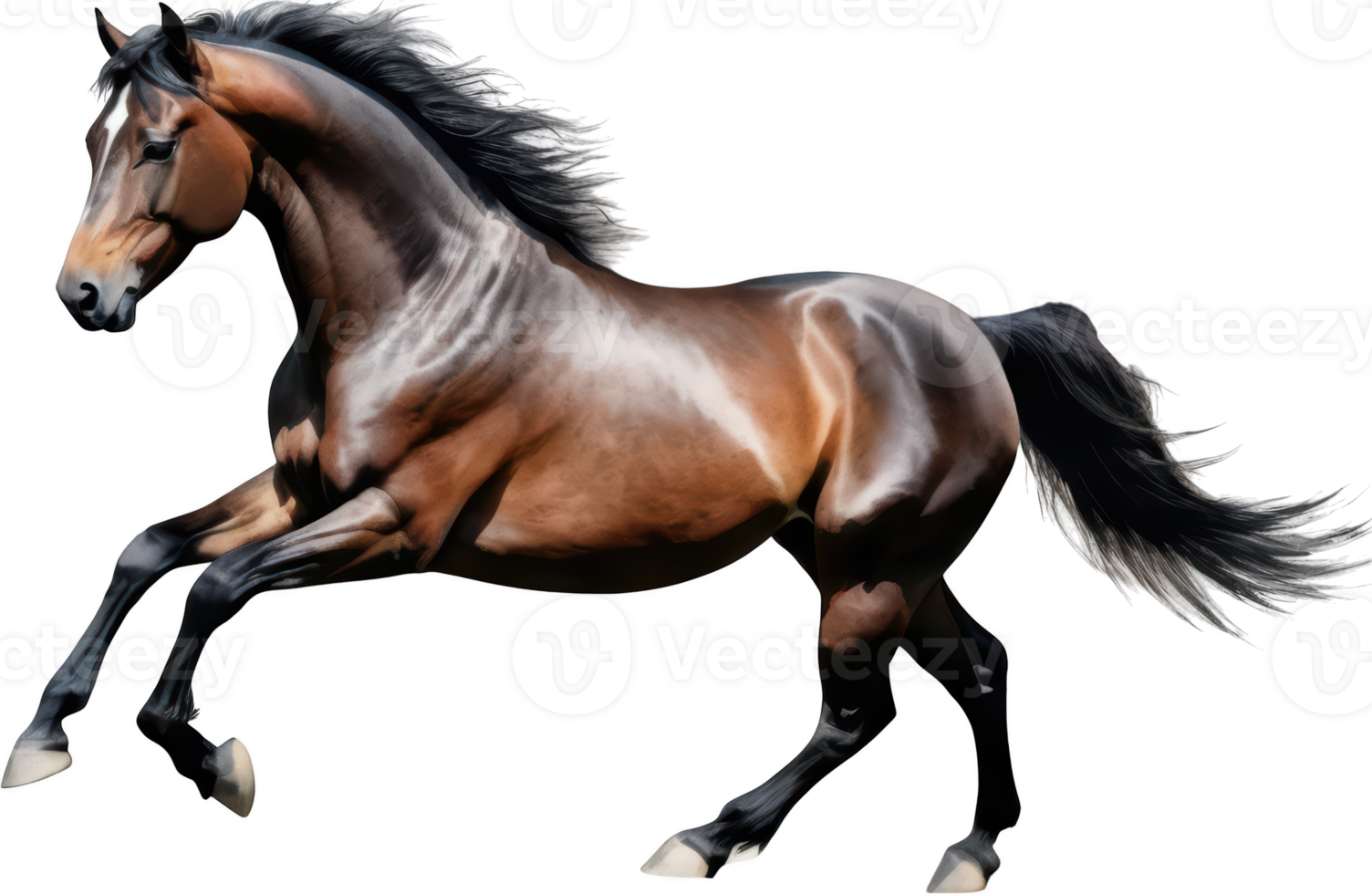 majestic horse with glossy brown coat and black mane gallops energetically on transparent background. png