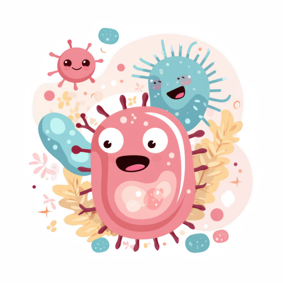 Cute cartoon bacteria with happy expressions, surrounded by colorful elements and abstract shapes, representing healthy gut bacteria and microbiology png