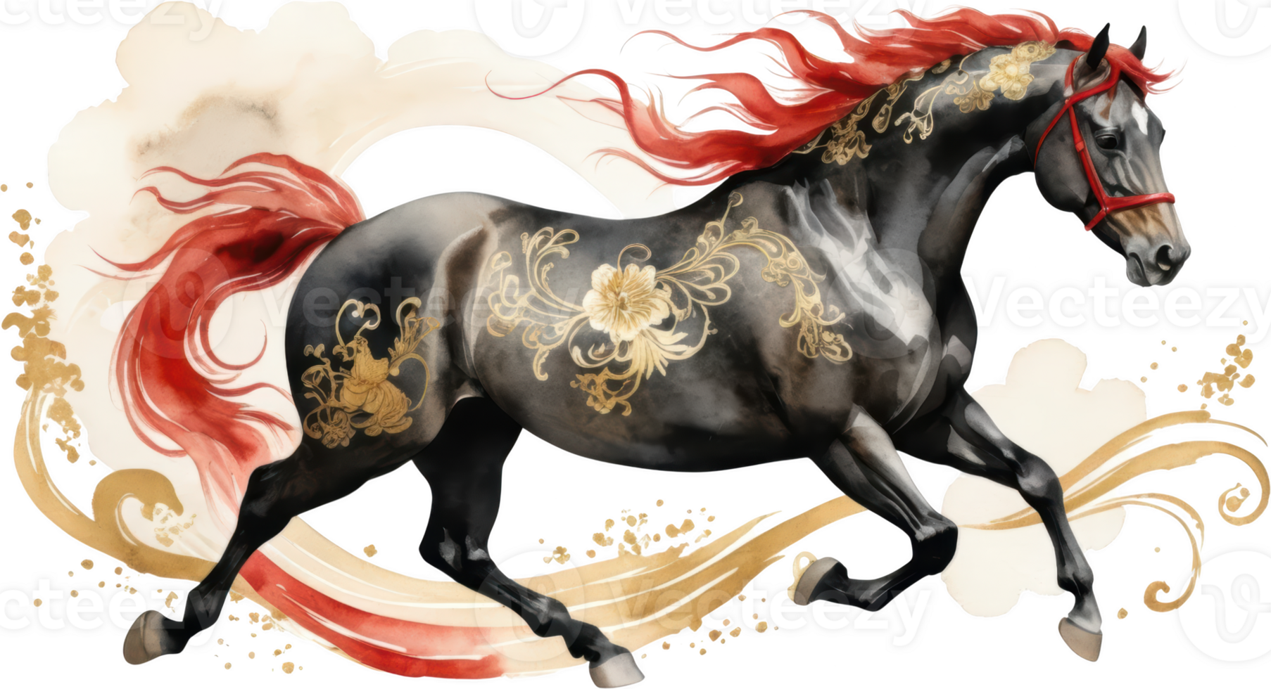 majestic black horse with red mane and tail adorned with golden Chinese floral patterns, set on transparent background. png