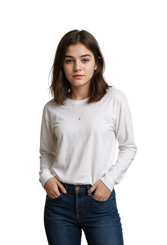 stunning young college girl in full sleeves round neck white tee mockup png