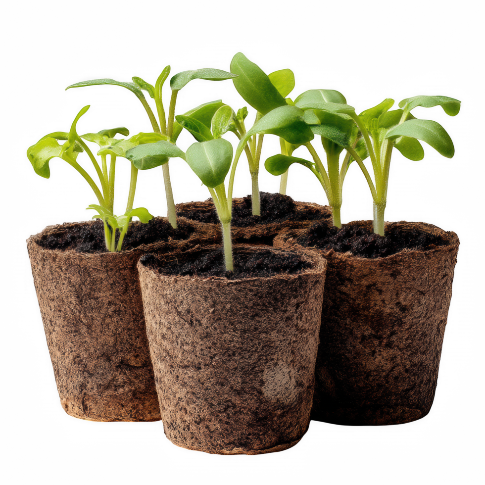 Eco friendly peat pots with vegetable seedlings showcase sustainable gardening practices. These pots are perfect for nurturing young plants, promoting growth while being environmentally conscious png