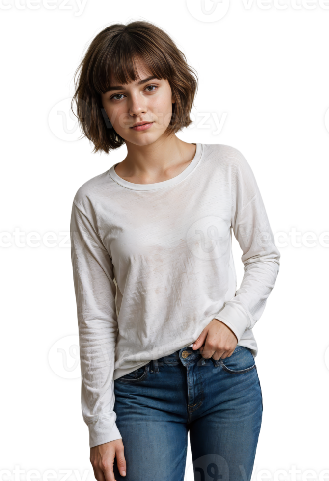 Gen Z in full sleeves round neck white t-shirt and jeans looking beautiful and gorgeous png