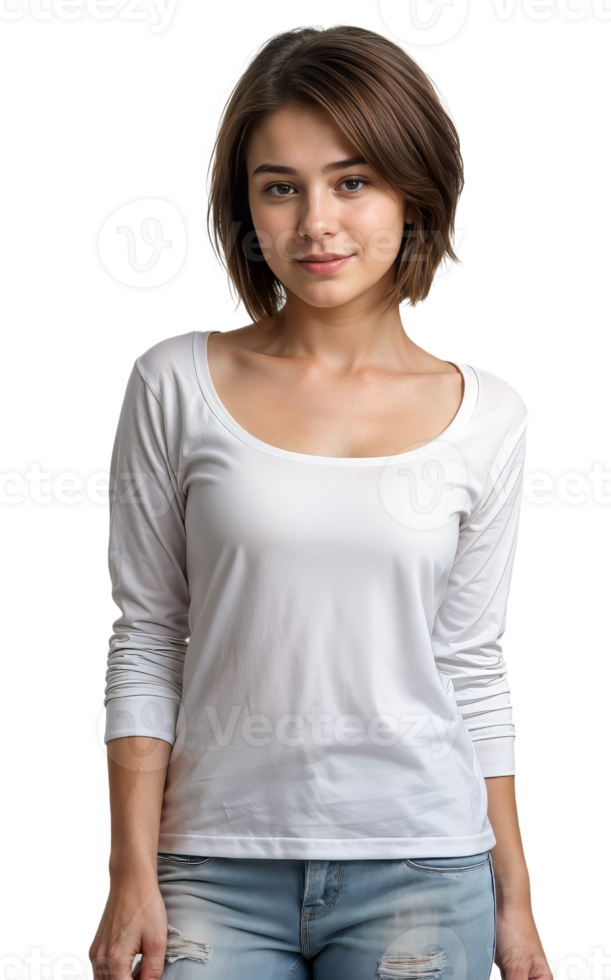 Teenage girl in deep round neck full sleeves tshirt mockup png