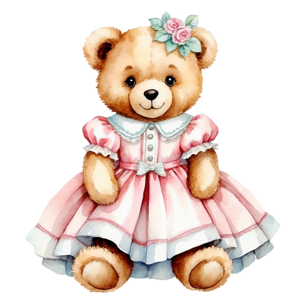 Vintage teddy bear sitting and wearing a pink dress png