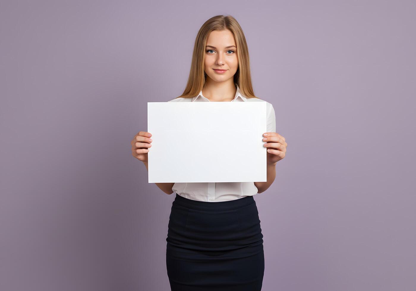Woman Holding Blank White Sign Ready for Your Message or Design photo