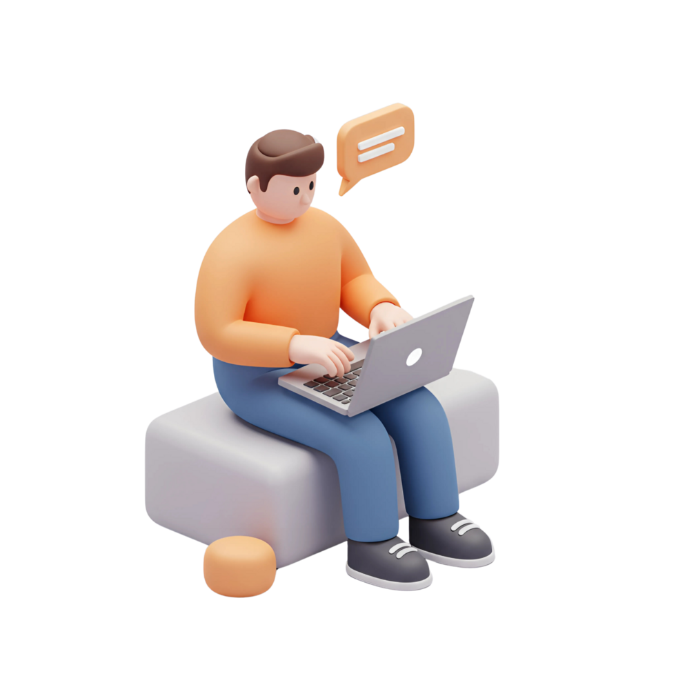 3D Man Typing on Laptop Icon - Sitting and Chatting Illustration png