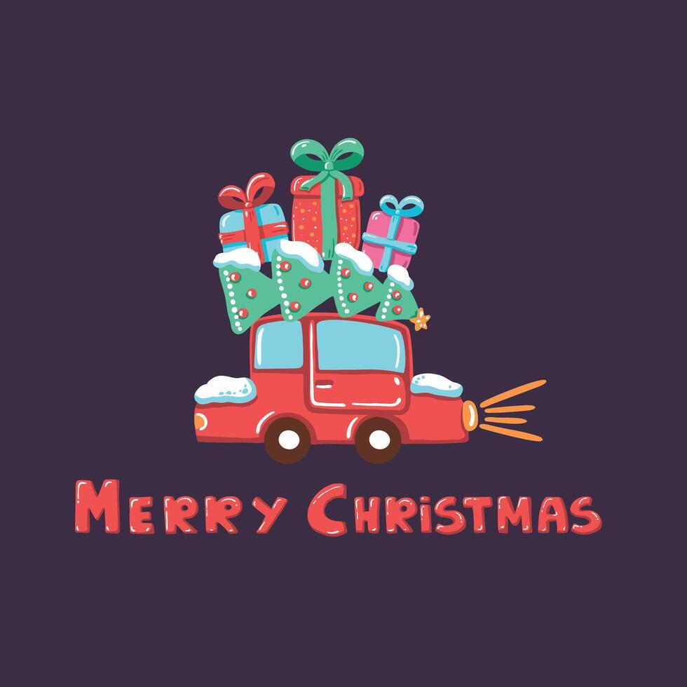 Merry Christmas greeting card design template with red car, Christmas tree and gift boxes. vector