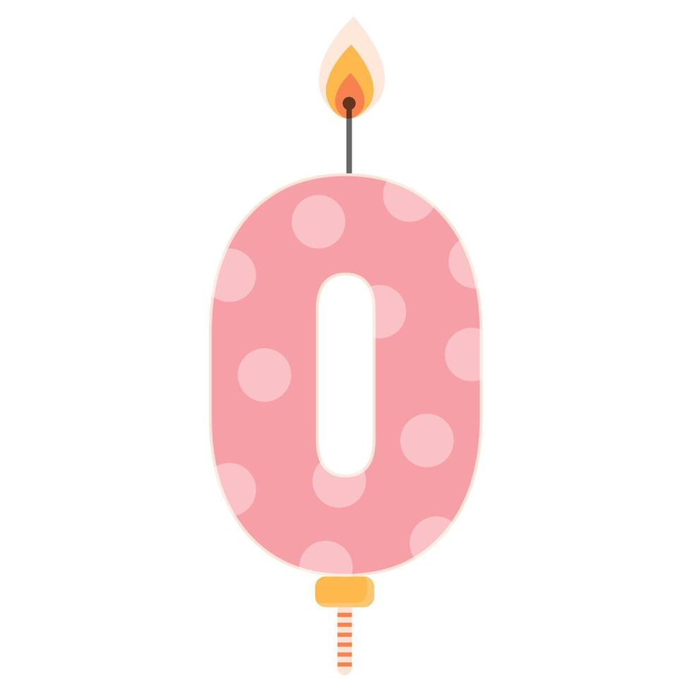 Number 0 birthday cake candle with flame light. Zero symbol for celebration design. Flat design element isolated on white background. vector