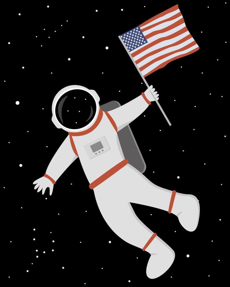 Astronaut in space holding the USA flag. vector