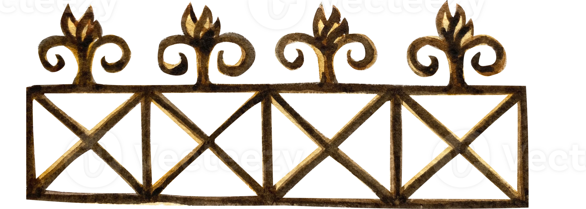 Watercolor illustration of black tall wrought iron fence. One single object, front view. png