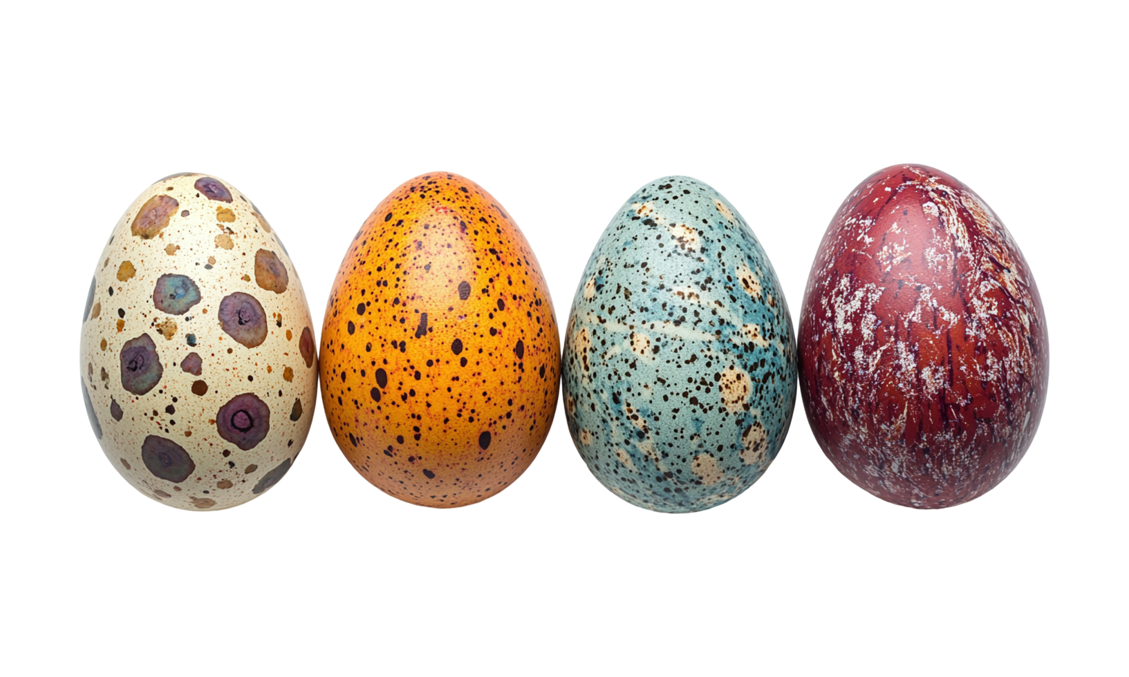 Row of Colorful Speckled Eggs Detail on Transparent Background, Patterned Textures png
