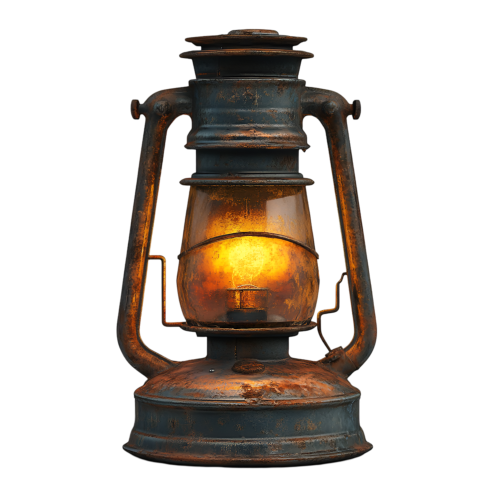 Antique kerosene lantern glowing warm light old rusty metal png