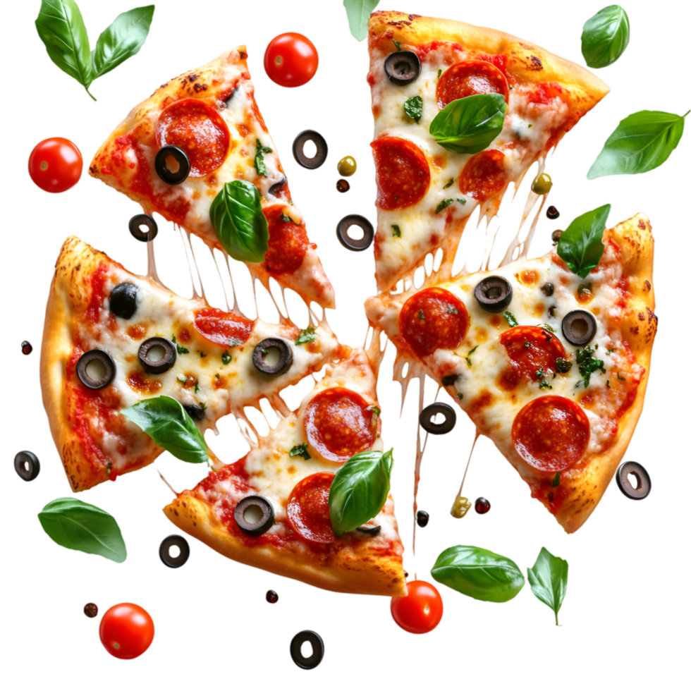 Delicious pepperoni pizza slices falling with cheese basil and olives png