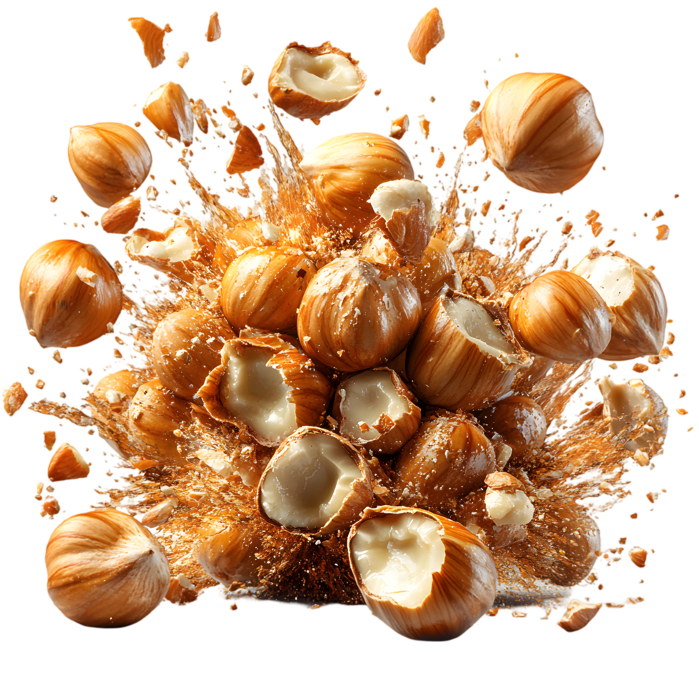 Hazelnuts exploding in a splash of liquid png