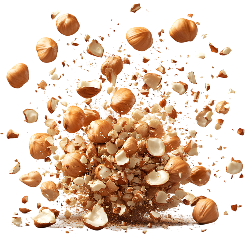 Hazelnuts exploding into pieces delicious nutty goodness png