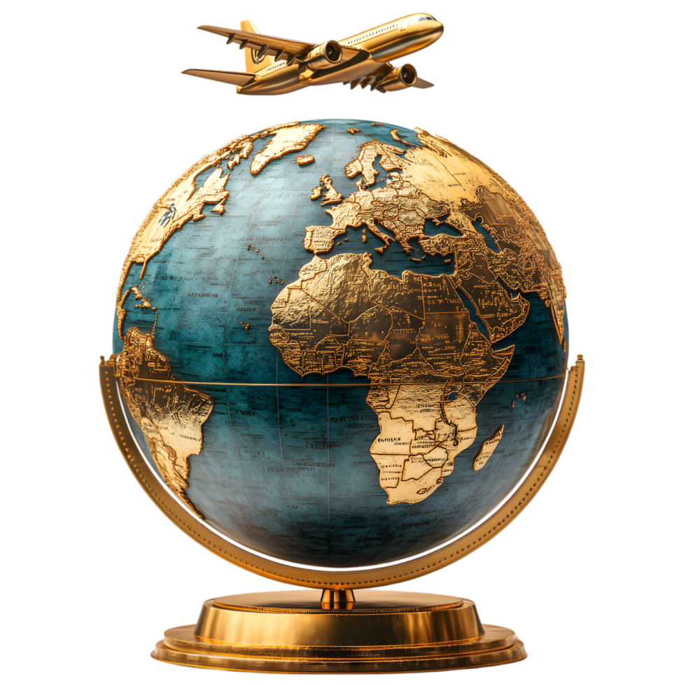 Golden Airplane above a Globe World Travel Journey, png