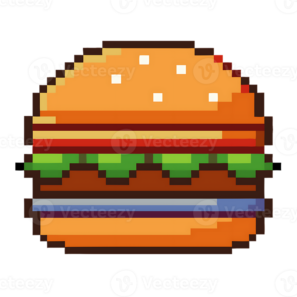 beef burger displayed in pixel art style with colorful filling and bun png