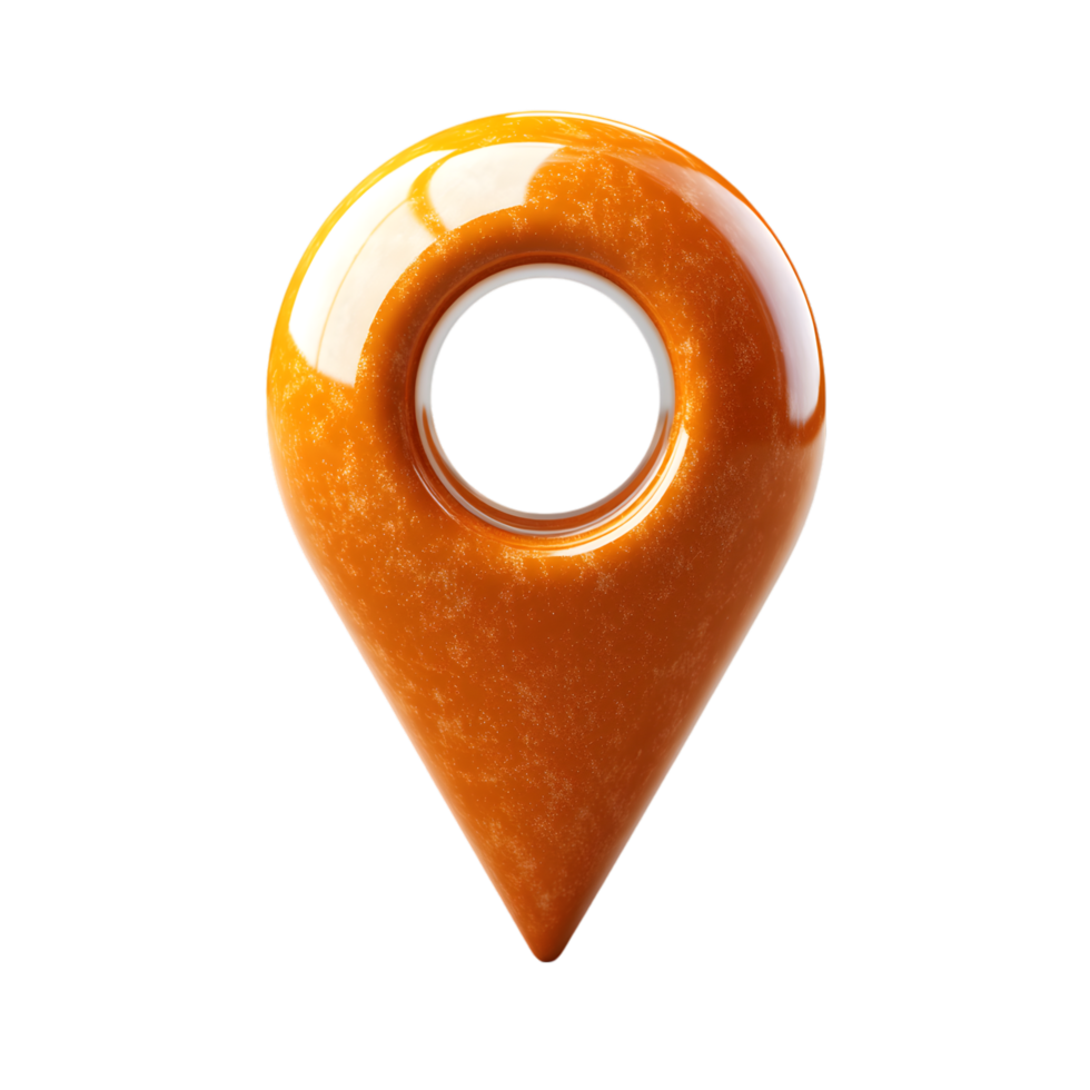 Orange glossy location pin marker 3D render on black background, png