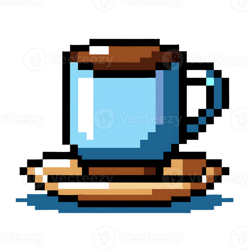 Simple pixel art of a blue cup with saucer in retro style png
