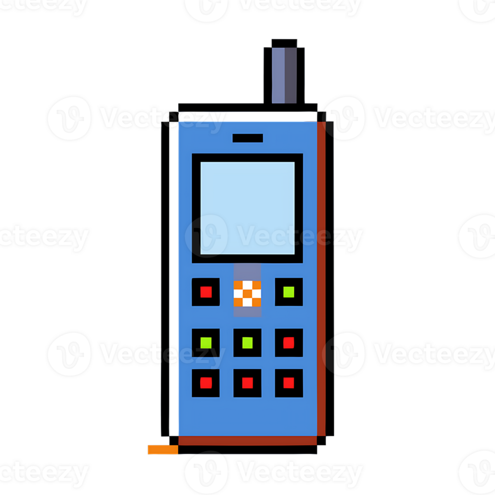 Stylish pixel art of retro mobile phone with colorful buttons and screen png
