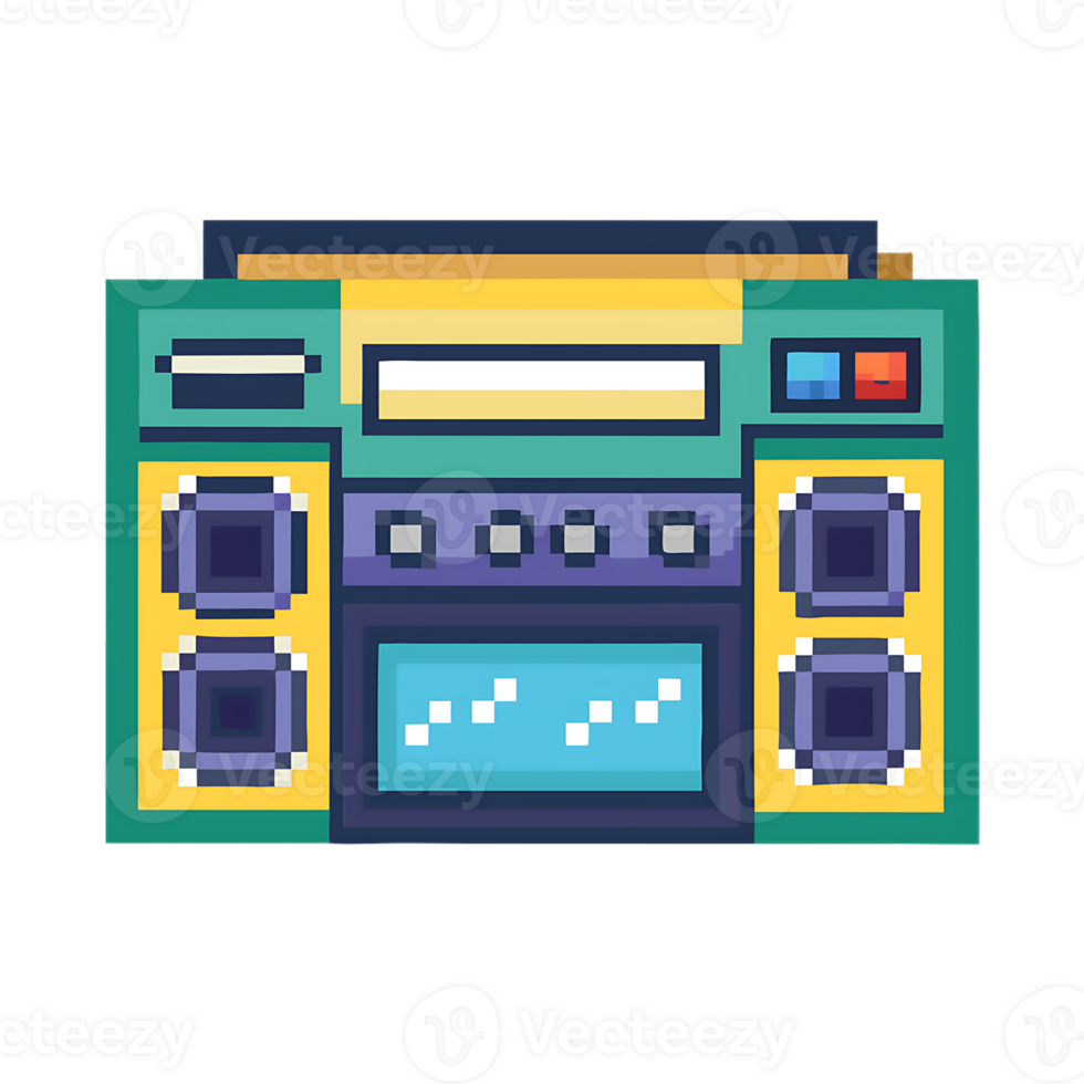 Retro music system in pixel art style features colorful buttons and speakers png