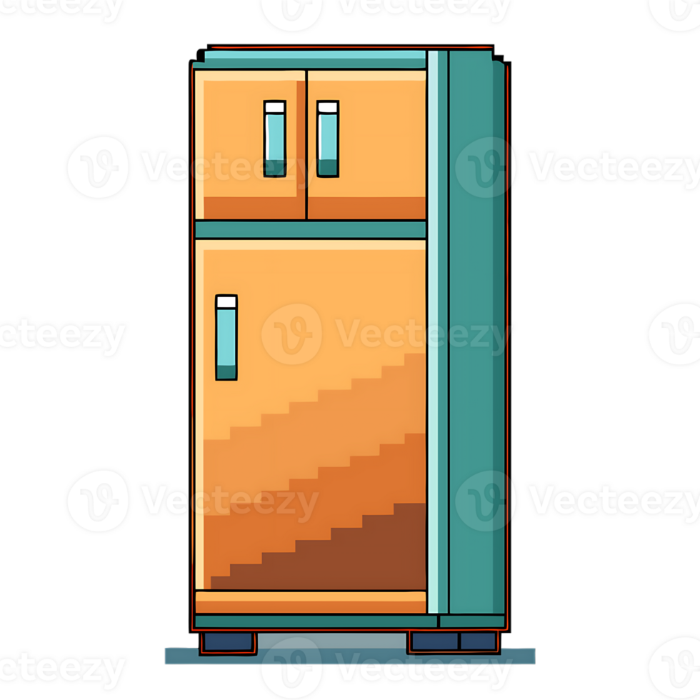 Pixel art representation of fridge freezer with simple design in cool colors png