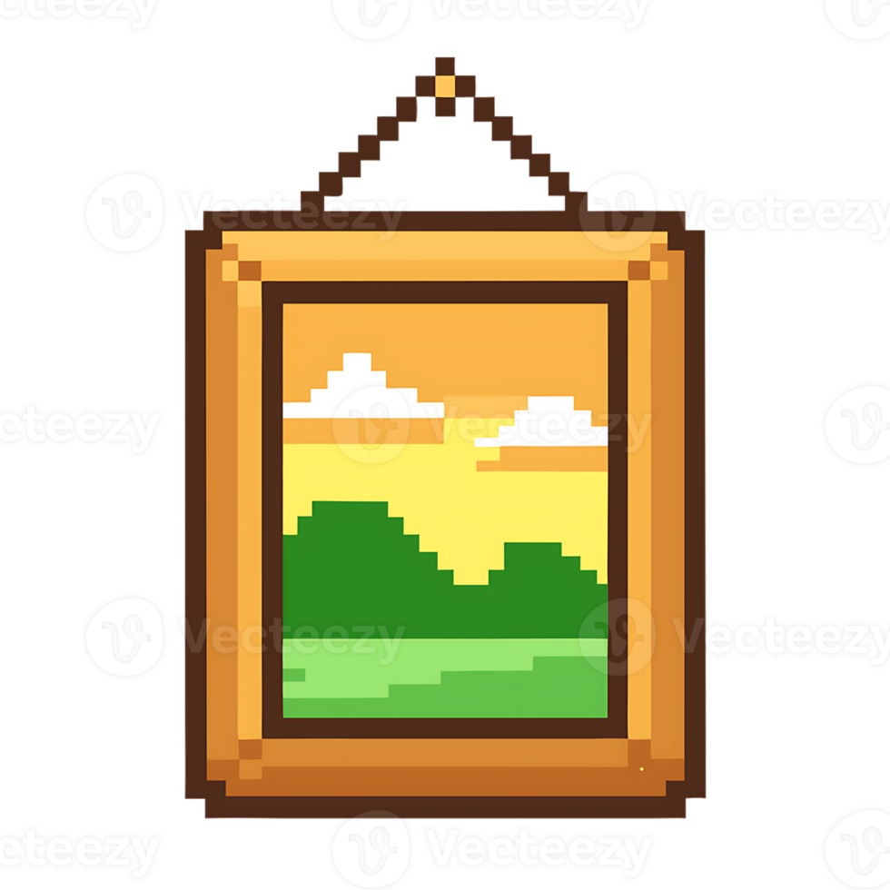 Pixel art picture frame with a landscape view featuring hills and sunset colors png
